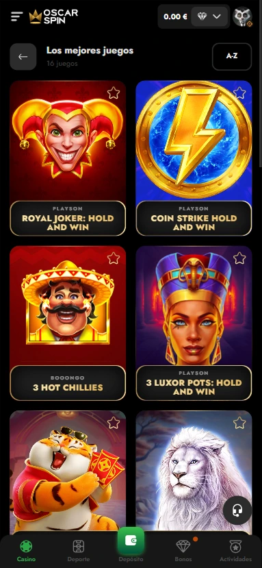 Vista móvil de tragamonedas destacadas en OscarSpin