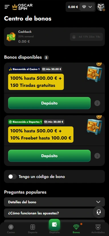 Centro de bonos en móvil con promociones activas y cashback